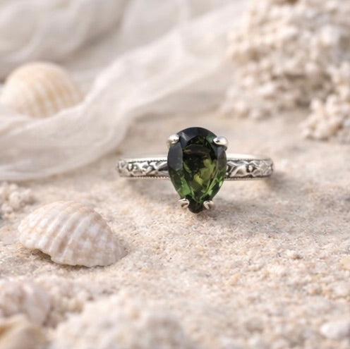 OOAK Moldavite Ring Size 4 Sterling Silver Faceted Pear 9x7mm Green Moldavite Statement Ring Floral Engraved Band