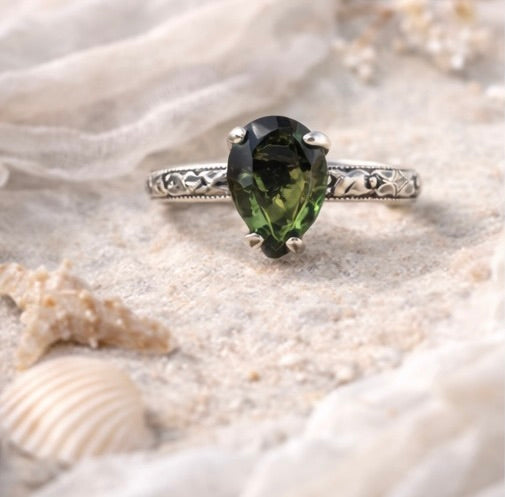 OOAK Moldavite Ring Size 4 Sterling Silver Faceted Pear 9x7mm Green Moldavite Statement Ring Floral Engraved Band
