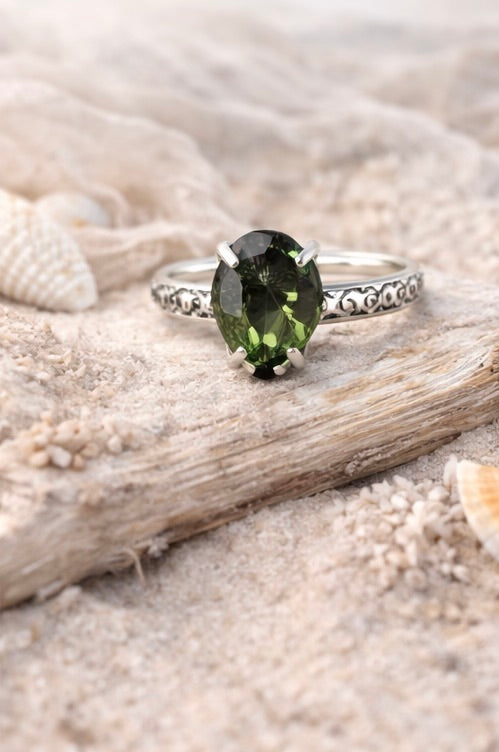 OOAK Moldavite Ring Size 4 Sterling Silver Faceted Pear 9x7mm Green Moldavite Statement Ring Floral Engraved Band