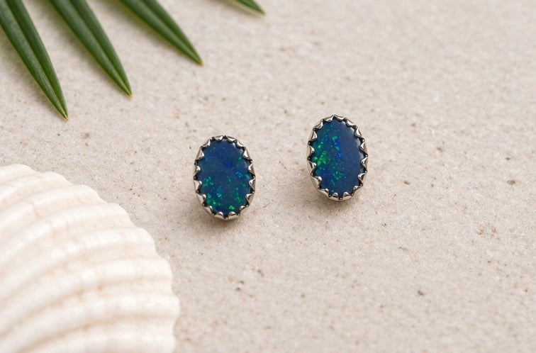 Australian Boulder Opal Doublet Stud Earrings 6x4mm Oval – Sterling Silver Serrated Bezel, Natural Opal Studs