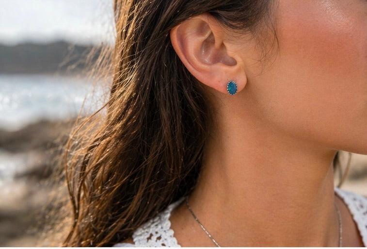 Australian Boulder Opal Doublet Stud Earrings 6x4mm Oval – Sterling Silver Serrated Bezel, Natural Opal Studs