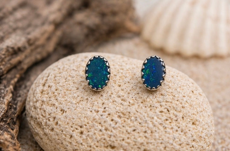 Australian Boulder Opal Doublet Stud Earrings 6x4mm Oval – Sterling Silver Serrated Bezel, Natural Opal Studs