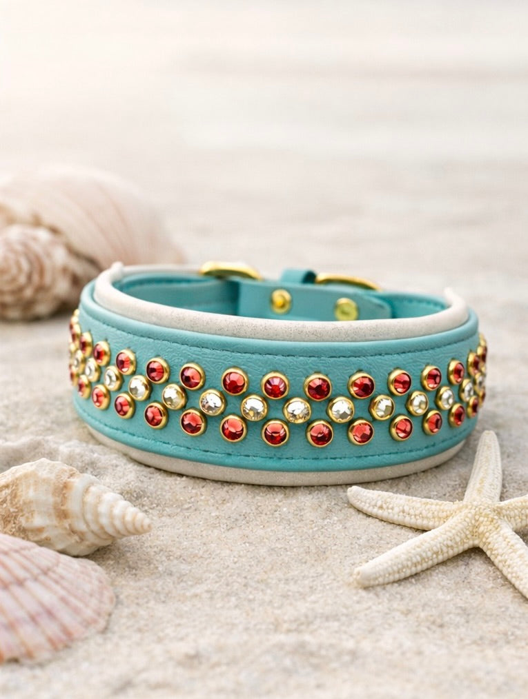 Luxury Dusty Turquoise BioThane Dog Collar | 2” Padded | Padparadscha & Crystal | Solid Brass Hardware | 18–20”