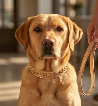 Luxury Rose Gold Leather Dog Collar | Solid Brass Hardware | Genuine Crystal & Crystal Aurum | 2” Wide Padded Statement Collar | 21–23”