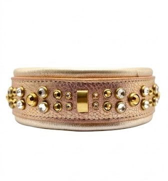 Luxury Rose Gold Leather Dog Collar | Solid Brass Hardware | Genuine Crystal & Crystal Aurum | 2” Wide Padded Statement Collar | 21–23”