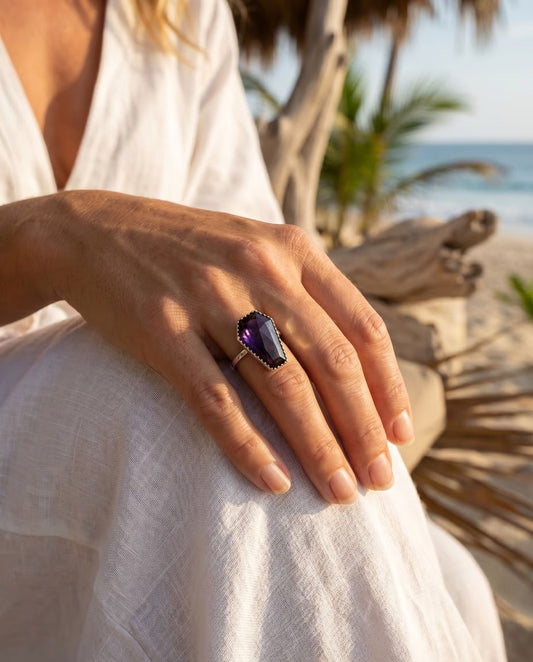 Coffin Cut Purpurite Ring – 18x12mm Rose Cut Gemstone in Handcrafted Sterling Silver, OOAK Statement Ring Size 11.5