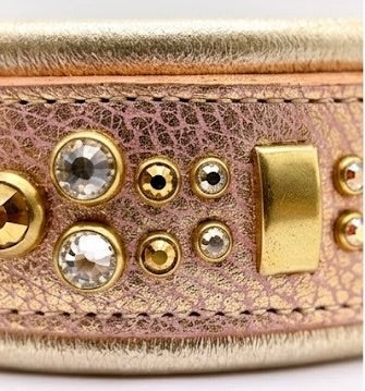 Luxury Rose Gold Leather Dog Collar | Solid Brass Hardware | Genuine Crystal & Crystal Aurum | 2” Wide Padded Statement Collar | 21–23”