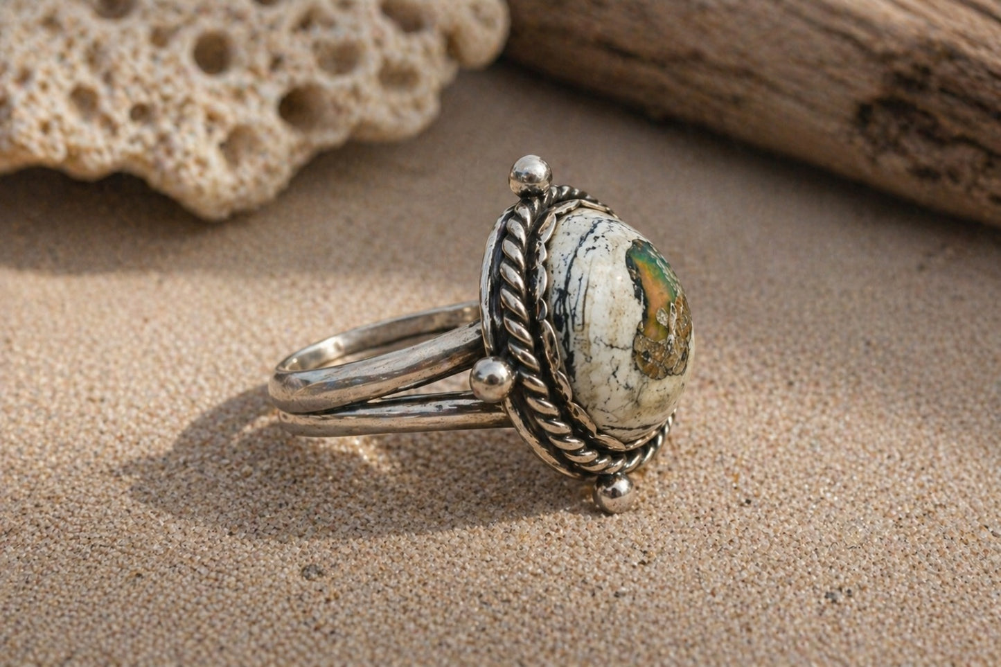 Mexican Cantera Opal Ring Size 8 – Natural Opal in Sterling Silver, Handmade OOAK Statement Ring