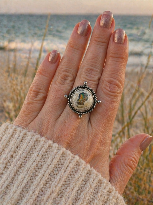 Mexican Cantera Opal Ring Size 8 – Natural Opal in Sterling Silver, Handmade OOAK Statement Ring