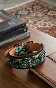 Green Snake Print Leather Dog Collar 18.5–19.5” | 2” Wide Luxury Collar with Black Hardware, Hexagon Studs & Peridot Aquamarine Red Velvet Crystals