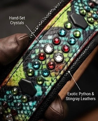 Green Snake Print Leather Dog Collar 18.5–19.5” | 2” Wide Luxury Collar with Black Hardware, Hexagon Studs & Peridot Aquamarine Red Velvet Crystals