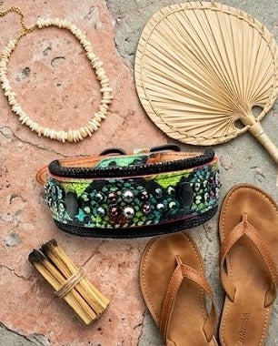 Green Snake Print Leather Dog Collar 18.5–19.5” | 2” Wide Luxury Collar with Black Hardware, Hexagon Studs & Peridot Aquamarine Red Velvet Crystals