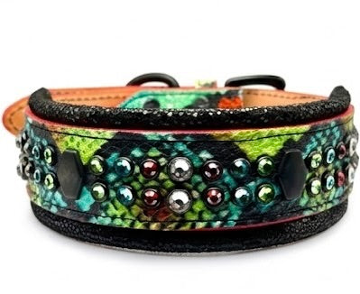Green Snake Print Leather Dog Collar 18.5–19.5” | 2” Wide Luxury Collar with Black Hardware, Hexagon Studs & Peridot Aquamarine Red Velvet Crystals