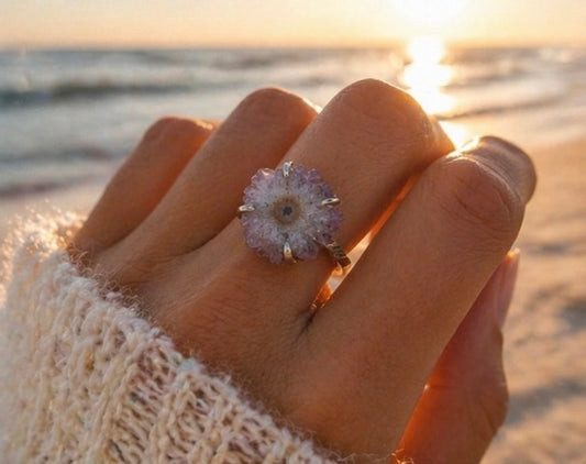 OOAK Amethyst Stalactite Ring Size 8 Sterling Silver Natural Druzy Crystal Statement Ring