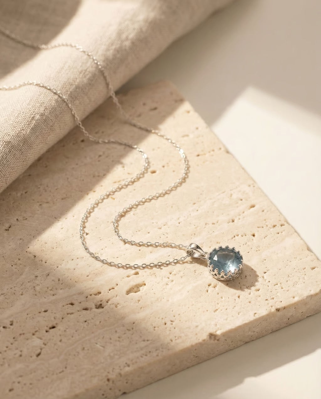 Sterling Silver Aquamarine Necklace, Natural Aquamarine Pendant, 8mm Crown Bezel, March Birthstone Necklace, Handmade Minimalist Jewelry