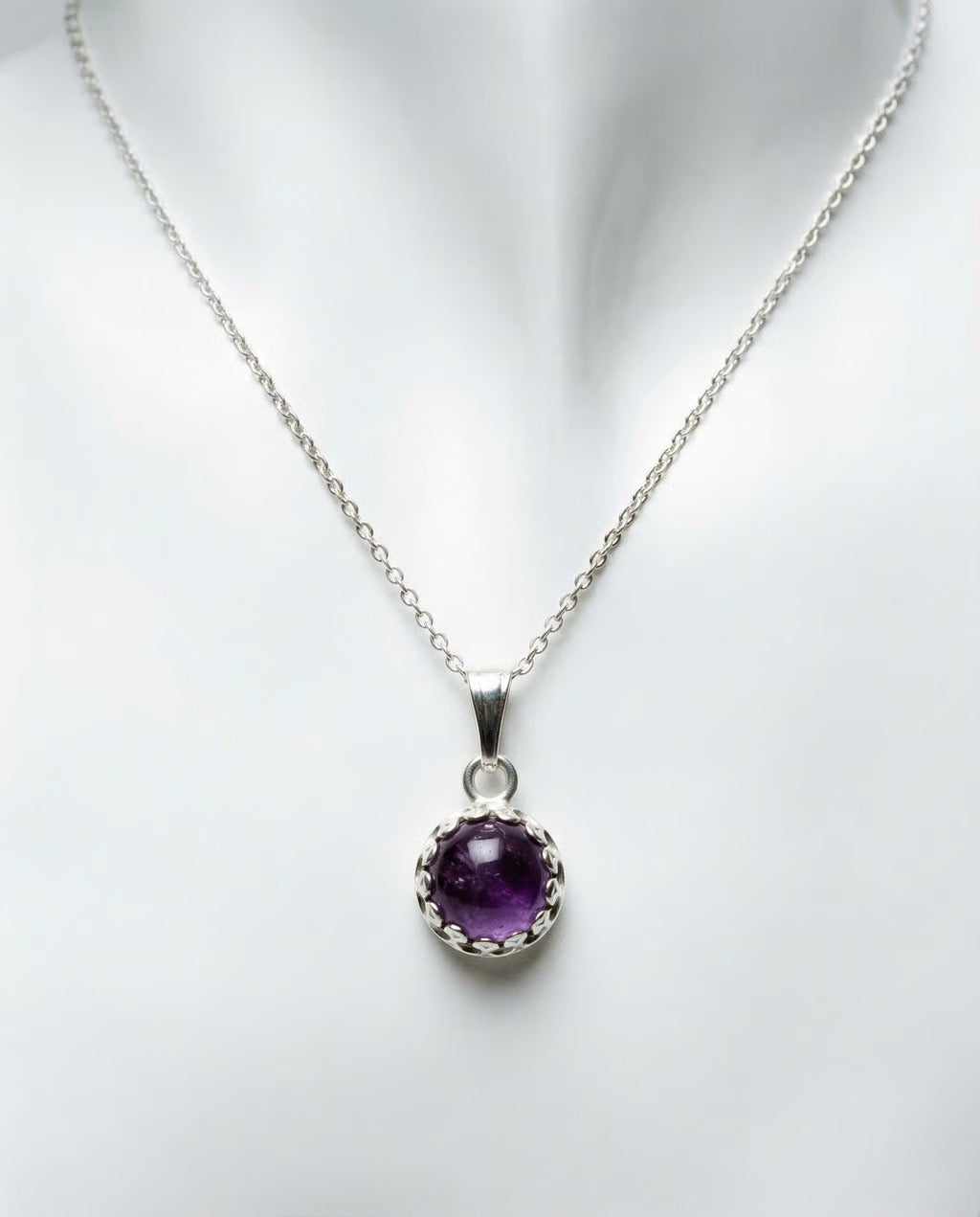 Sterling Silver Amethyst Pendant Necklace – 24” Chain | 8mm Natural February Birthstone