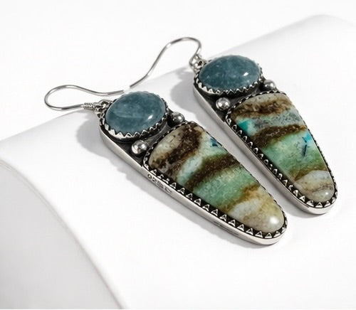 Sterling Natural Opalized Wood & Aquamarine Earrings