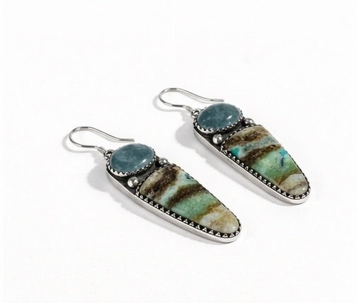 Sterling Natural Opalized Wood & Aquamarine Earrings