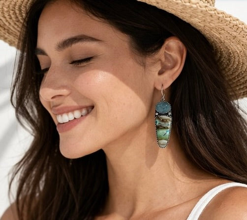Sterling Natural Opalized Wood & Aquamarine Earrings