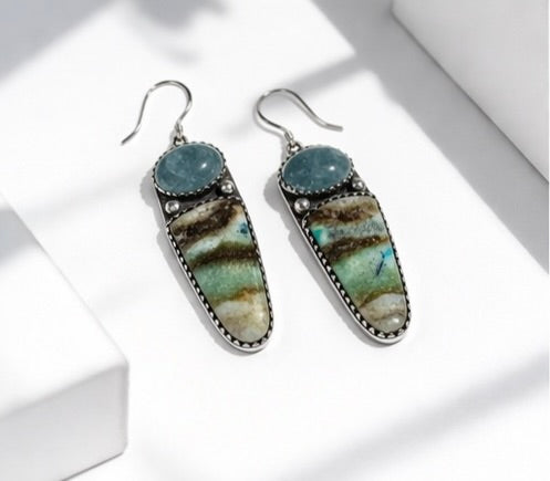 Sterling Natural Opalized Wood & Aquamarine Earrings