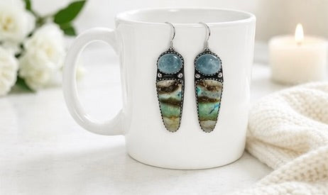 Sterling Natural Opalized Wood & Aquamarine Earrings