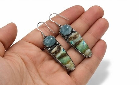 Sterling Natural Opalized Wood & Aquamarine Earrings