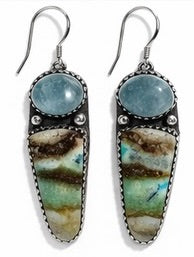 Sterling Natural Opalized Wood & Aquamarine Earrings