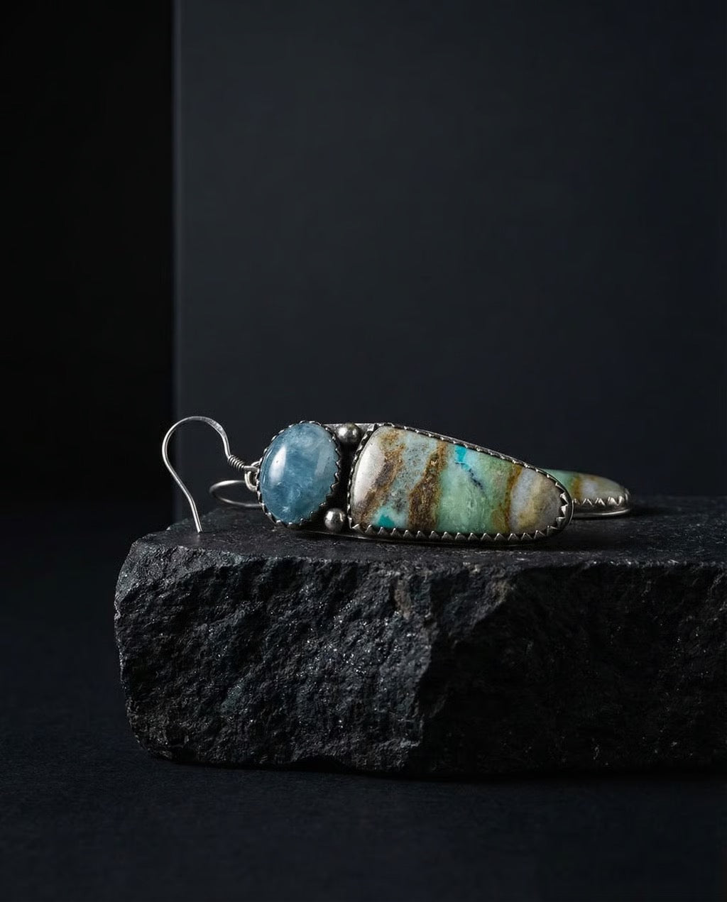 Sterling Natural Opalized Wood & Aquamarine Earrings
