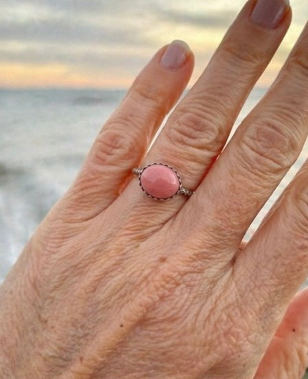 OOAK Pink Australian Opal Ring Size 6.5 Sterling Silver 9x7mm Natural Opal Stacking Ring