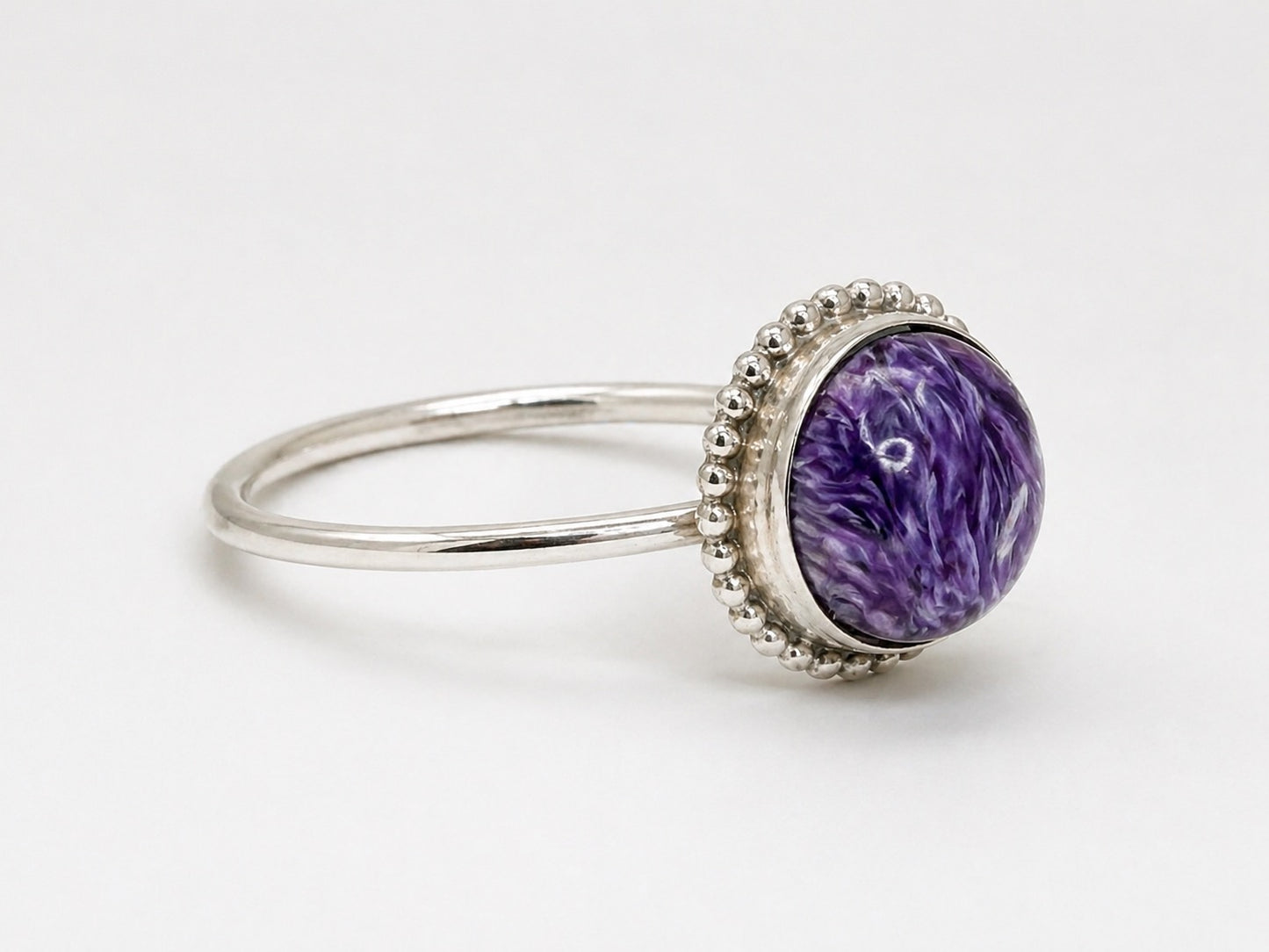 OOAK Rare Charoite Ring Size 7 Sterling Silver 10mm Natural Charoite 5ct Purple Statement Ring Beaded Border