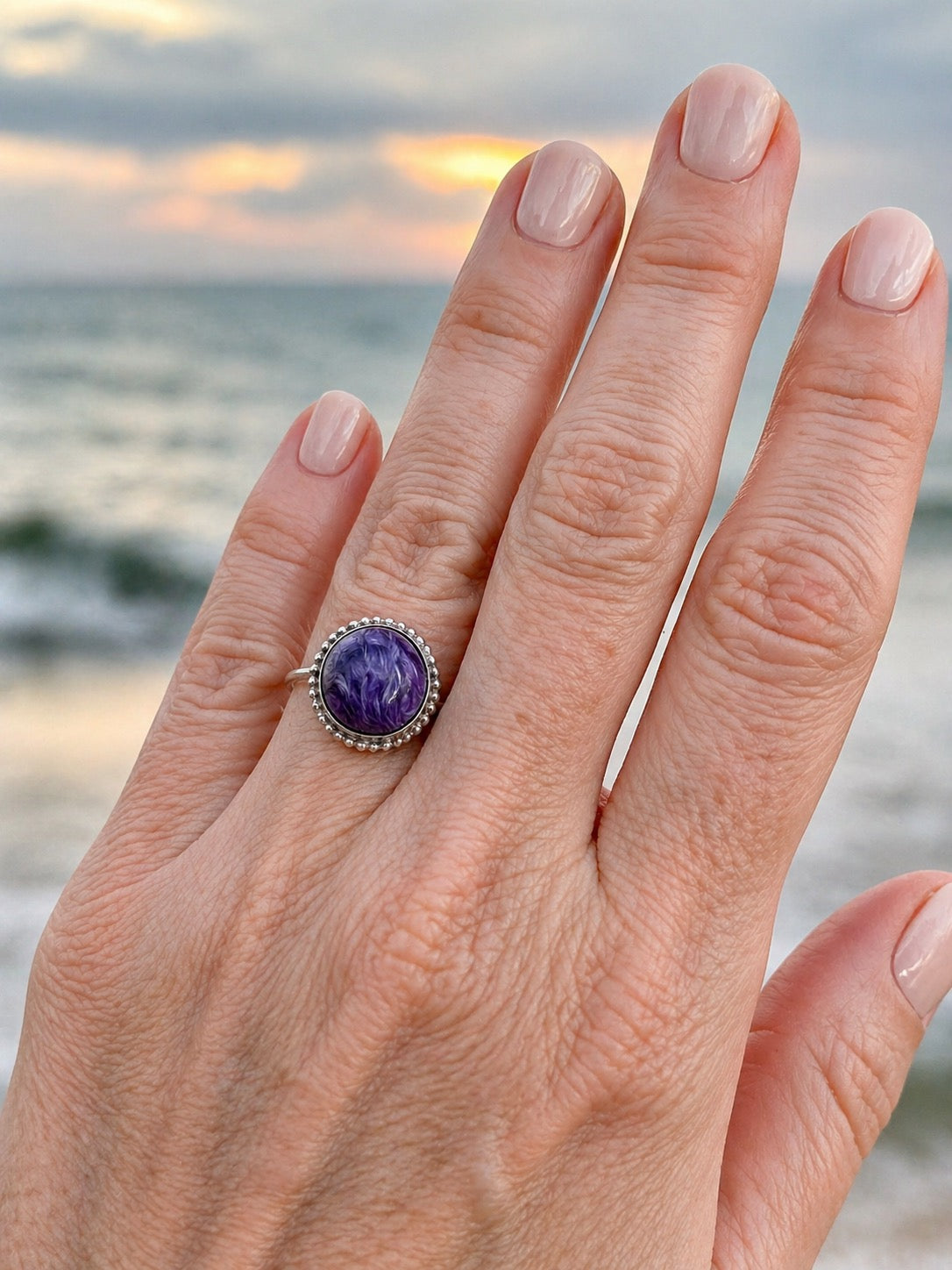 OOAK Rare Charoite Ring Size 7 Sterling Silver 10mm Natural Charoite 5ct Purple Statement Ring Beaded Border