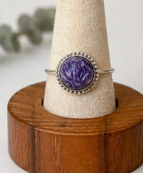 OOAK Rare Charoite Ring Size 7 Sterling Silver 10mm Natural Charoite 5ct Purple Statement Ring Beaded Border