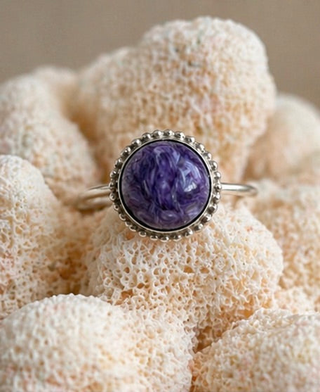 OOAK Rare Charoite Ring Size 7 Sterling Silver 10mm Natural Charoite 5ct Purple Statement Ring Beaded Border