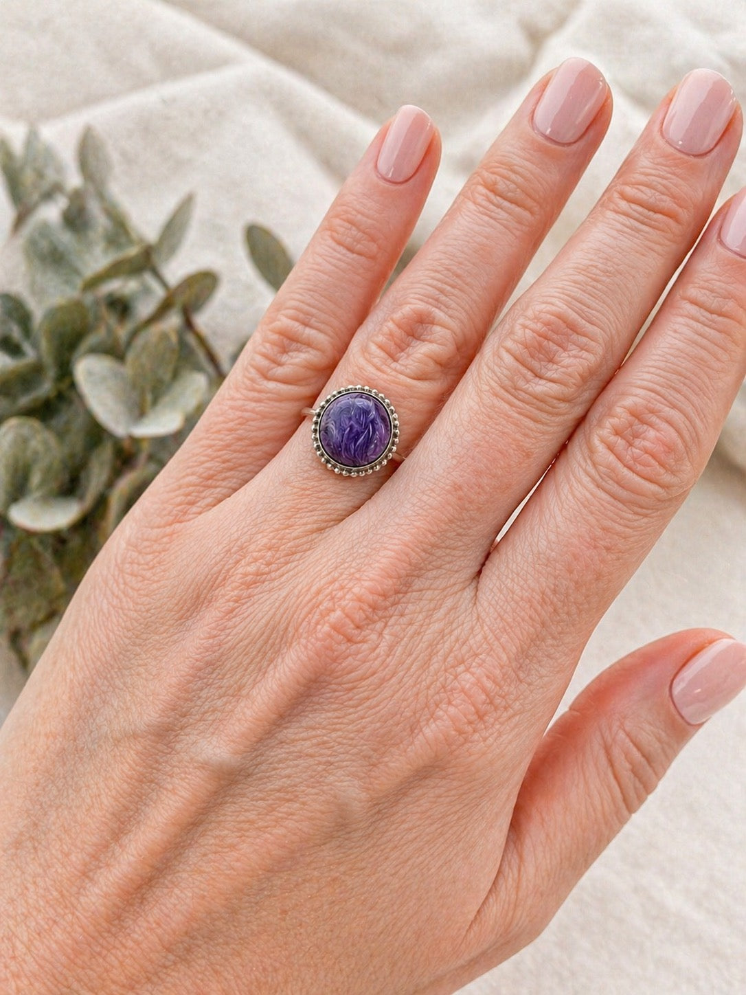 OOAK Rare Charoite Ring Size 7 Sterling Silver 10mm Natural Charoite 5ct Purple Statement Ring Beaded Border