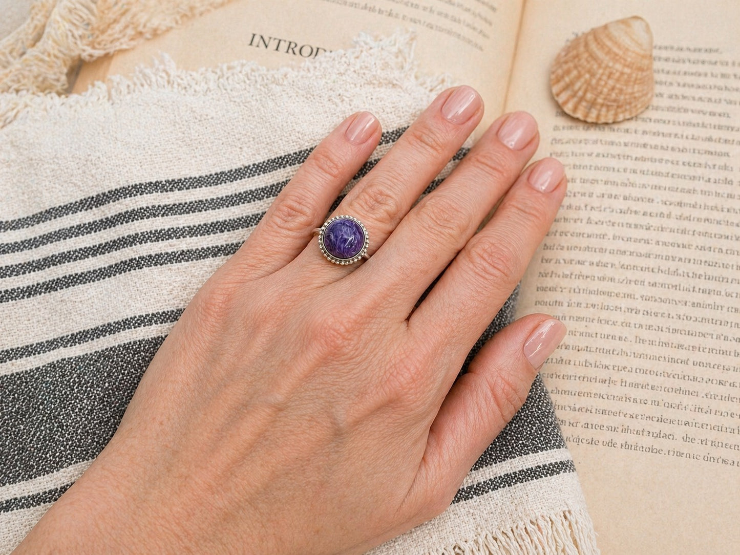 OOAK Rare Charoite Ring Size 7 Sterling Silver 10mm Natural Charoite 5ct Purple Statement Ring Beaded Border