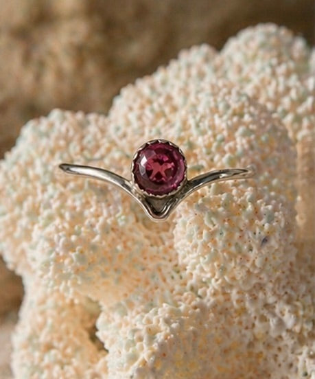 OOAK Pink Tourmaline Ring Chevron Size 6.75 Sterling Silver 4mm Natural Gemstone Stacking Ring