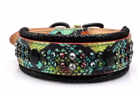 Green Snake Print Leather Dog Collar 18.5–19.5” | 2” Wide Luxury Collar with Black Hardware, Hexagon Studs & Peridot Aquamarine Red Velvet Crystals