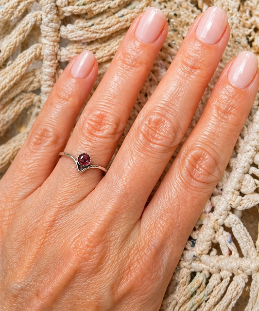 OOAK Pink Tourmaline Ring Chevron Size 6.75 Sterling Silver 4mm Natural Gemstone Stacking Ring
