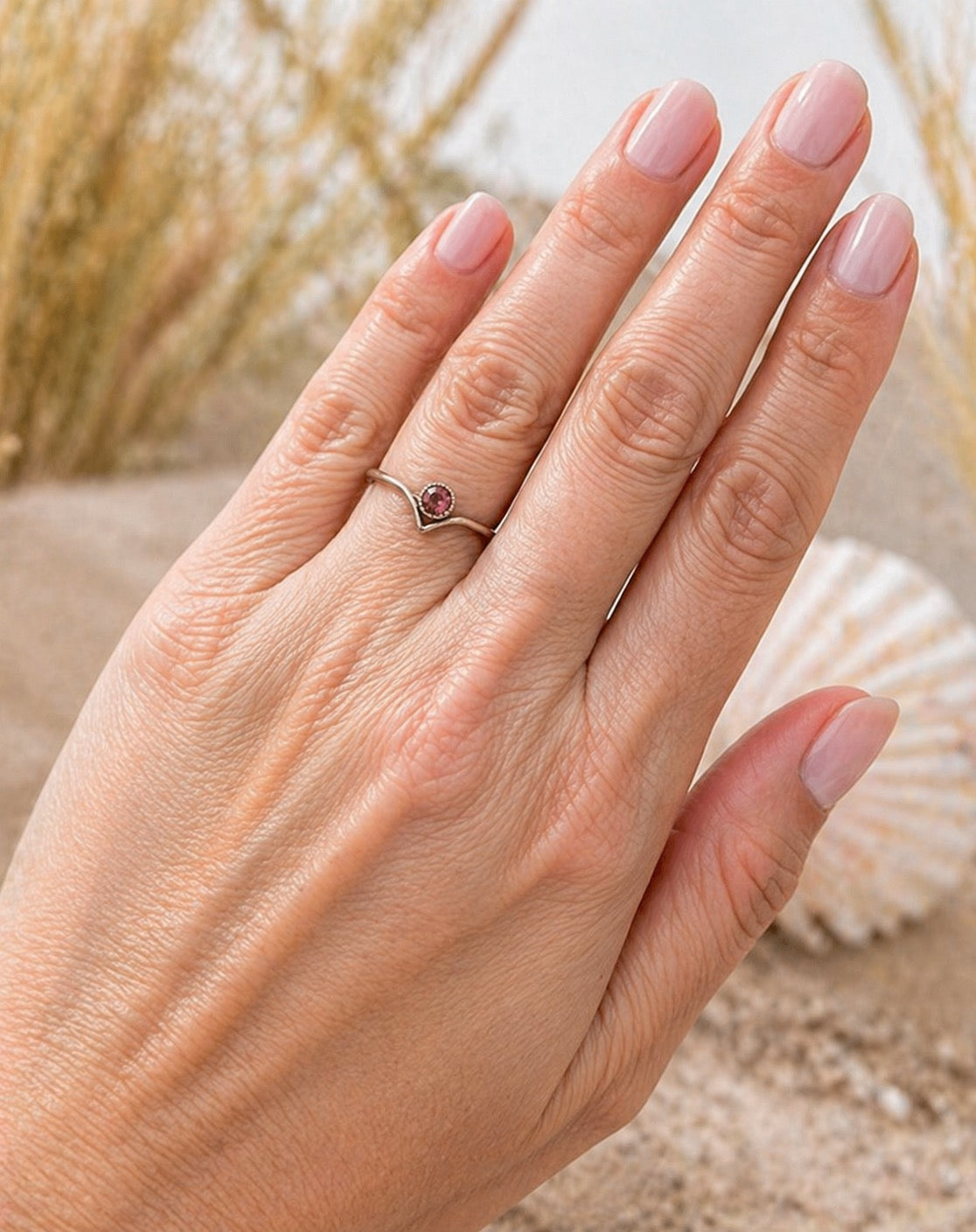 OOAK Pink Tourmaline Ring Chevron Size 6.75 Sterling Silver 4mm Natural Gemstone Stacking Ring