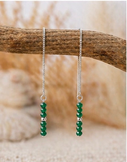 Faceted Jade Threader Earrings in Sterling Silver – 2mm Genuine Natural Green Jade Dangle, Minimalist Handmade Fine Jewelry