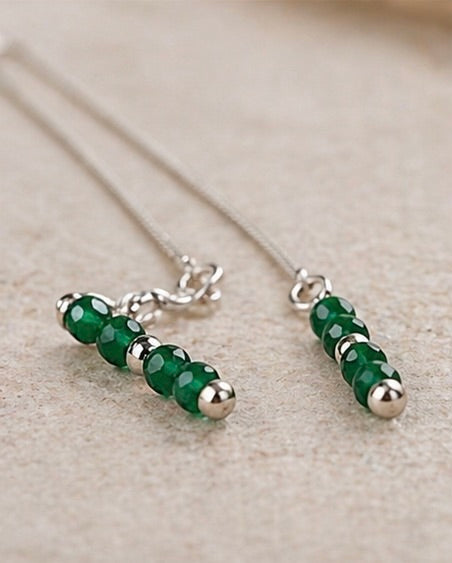 Faceted Jade Threader Earrings in Sterling Silver – 2mm Genuine Natural Green Jade Dangle, Minimalist Handmade Fine Jewelry
