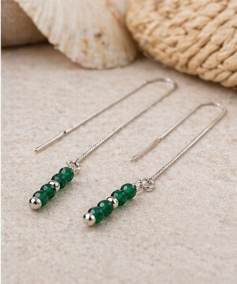 Faceted Jade Threader Earrings in Sterling Silver – 2mm Genuine Natural Green Jade Dangle, Minimalist Handmade Fine Jewelry