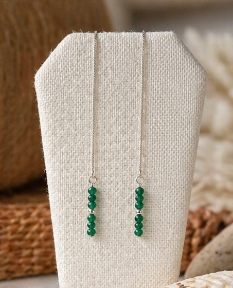 Faceted Jade Threader Earrings in Sterling Silver – 2mm Genuine Natural Green Jade Dangle, Minimalist Handmade Fine Jewelry