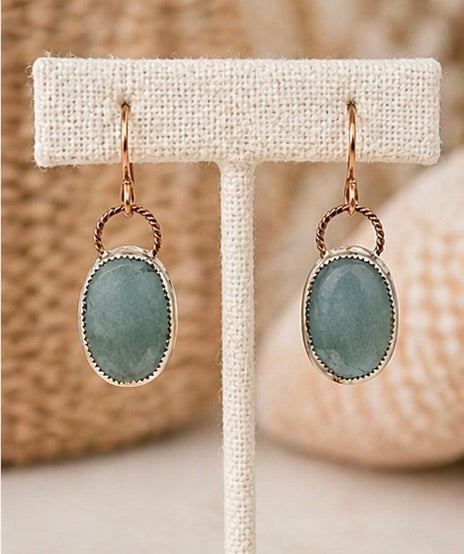Natural Aquamarine Rose Cut Earrings – Sterling Silver Bezel, 14K Rose Gold Filled Twisted Wire, Handmade Dangle Earrings
