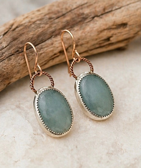 Natural Aquamarine Rose Cut Earrings – Sterling Silver Bezel, 14K Rose Gold Filled Twisted Wire, Handmade Dangle Earrings