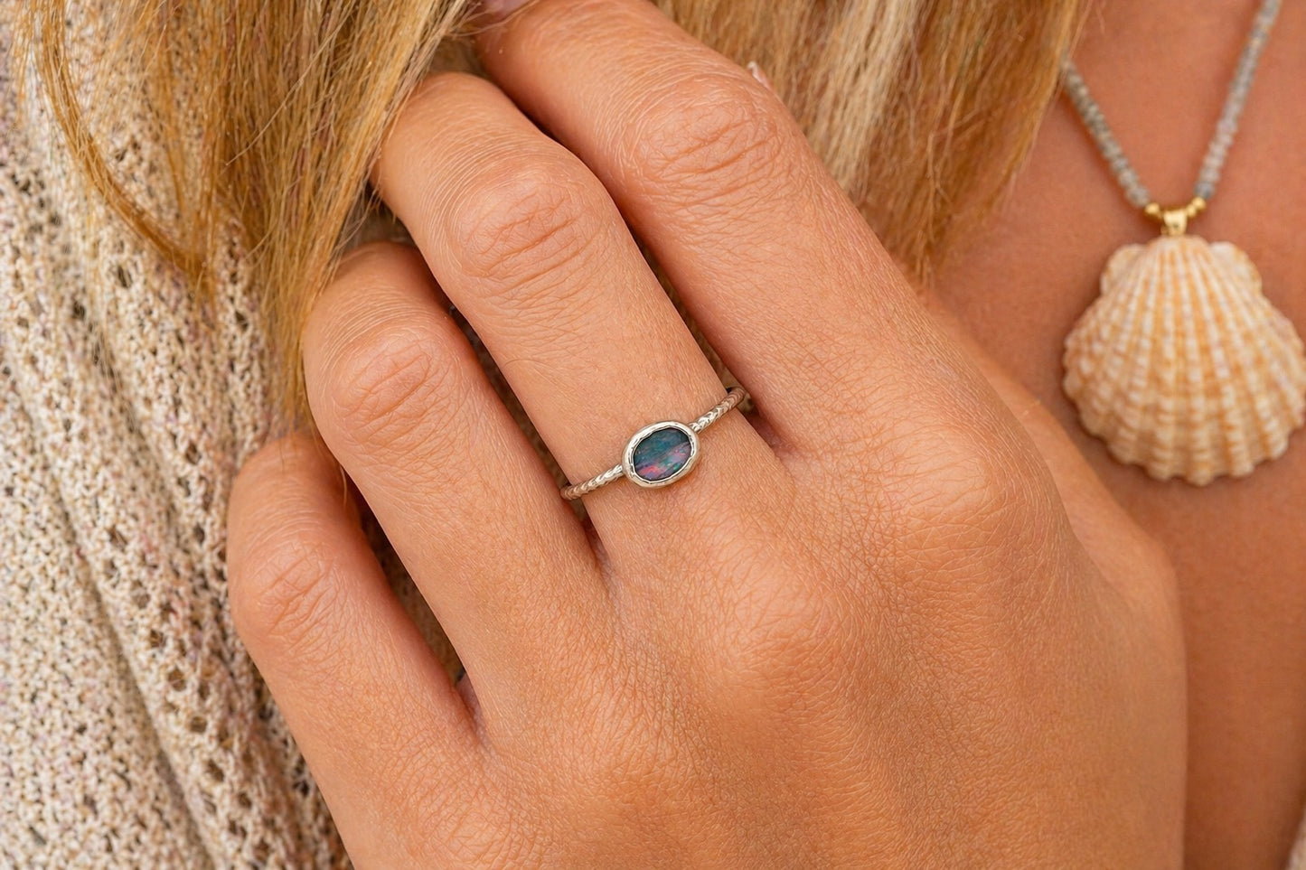 Australian Boulder Opal Ring – Solid Opal Sterling Silver Diamond Cut Band, Size 7 Handmade Opal Stacking Ring