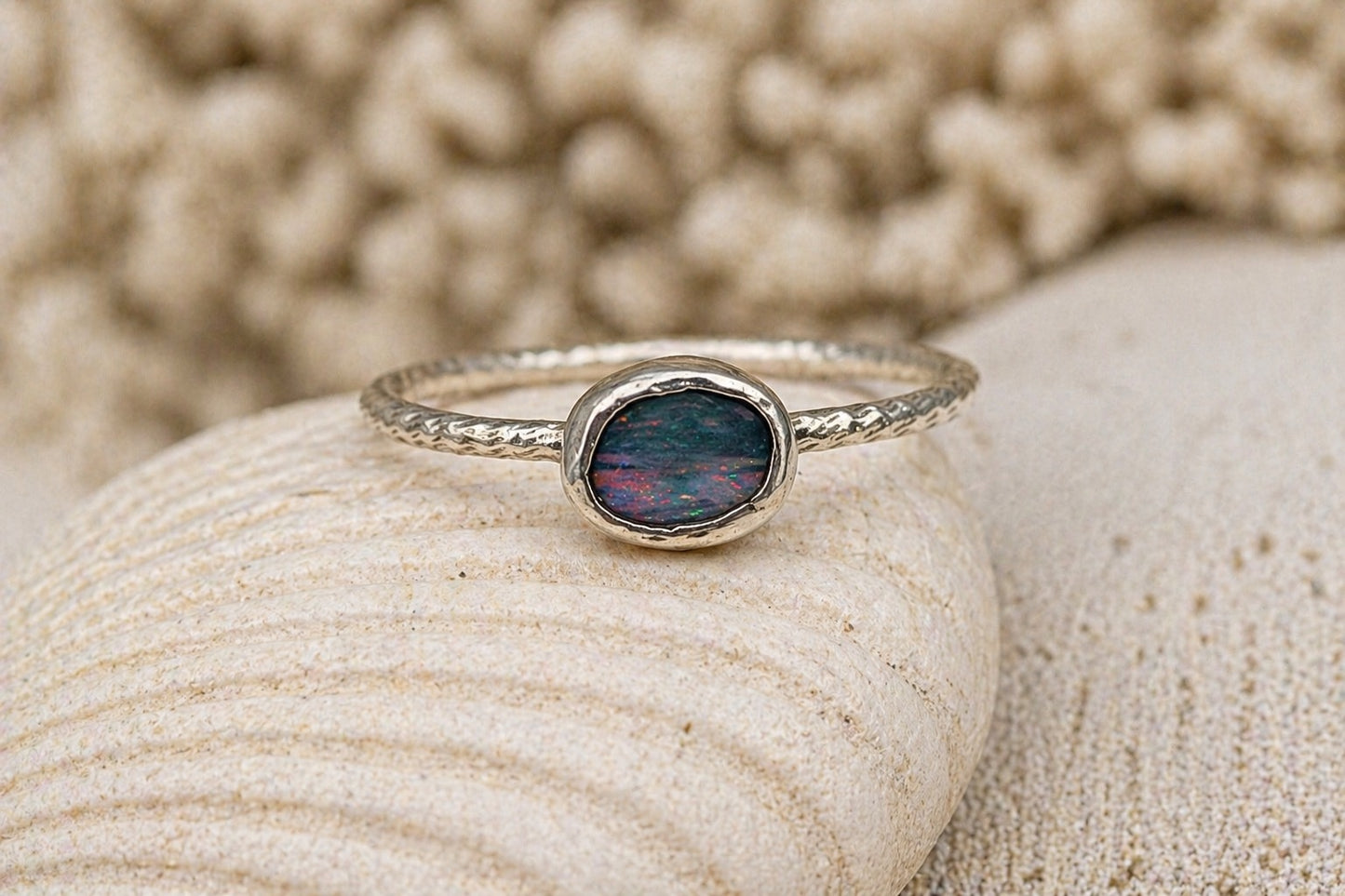 Australian Boulder Opal Ring – Solid Opal Sterling Silver Diamond Cut Band, Size 7 Handmade Opal Stacking Ring