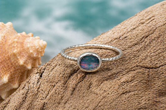 Australian Boulder Opal Ring – Solid Opal Sterling Silver Diamond Cut Band, Size 7 Handmade Opal Stacking Ring