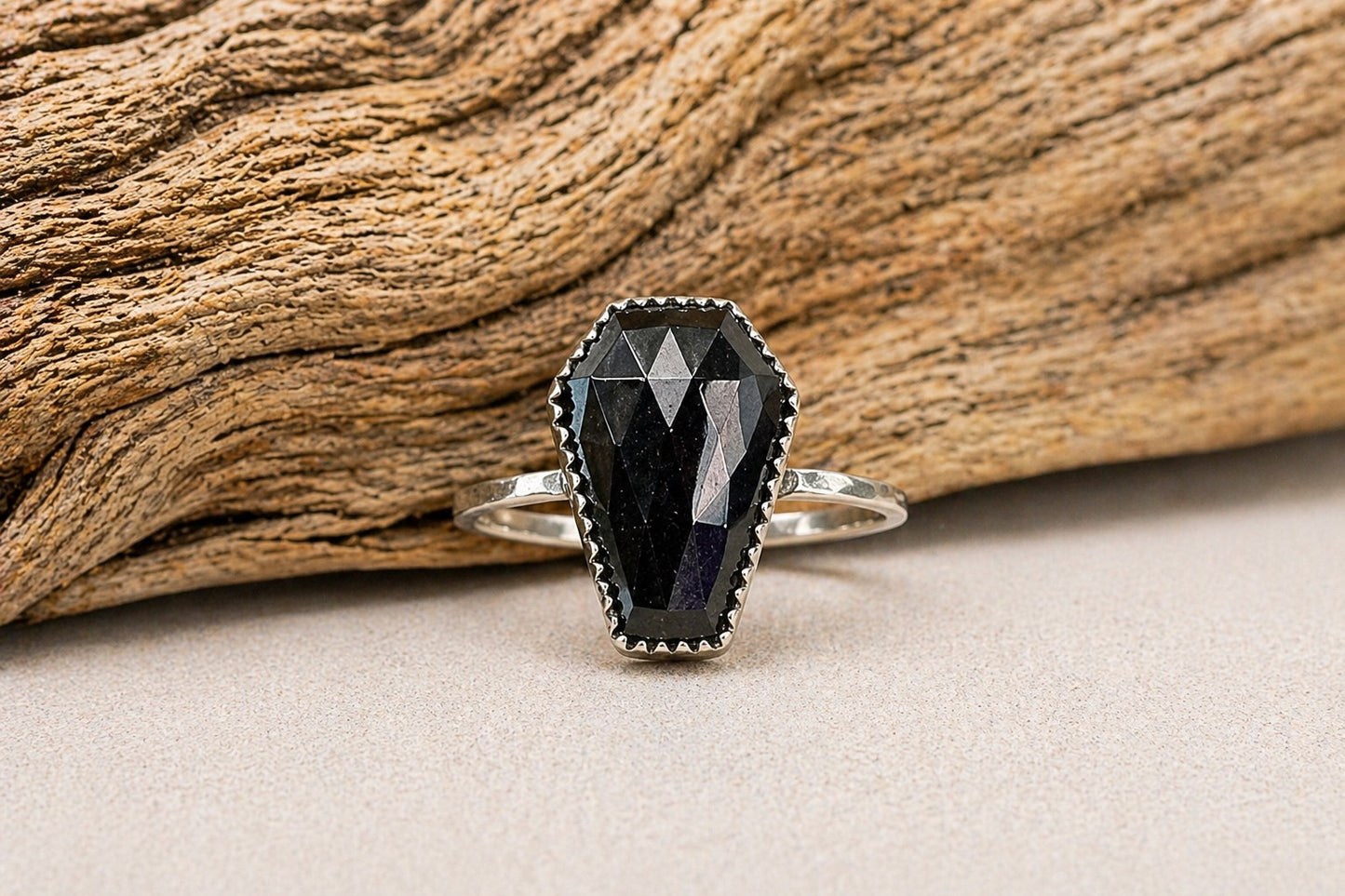 Coffin Cut Purpurite Ring – 18x12mm Rose Cut Gemstone in Handcrafted Sterling Silver, OOAK Statement Ring Size 11.5