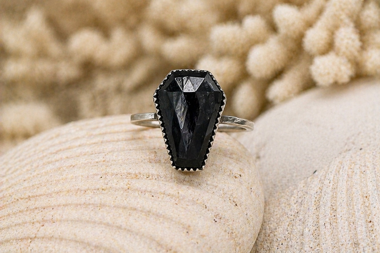 Coffin Cut Purpurite Ring – 18x12mm Rose Cut Gemstone in Handcrafted Sterling Silver, OOAK Statement Ring Size 11.5